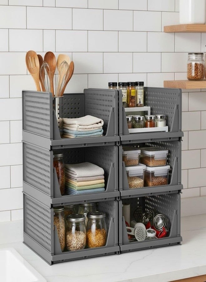 MECHDEL Wardrobe Organizer for Storage/Polypropylene Foldable & Stackable Closet Basket/Cupboard Organizer for Clothes/Mounted Closet Systems (FOLDABLE BASKET-GREY, 6PCS) - Image 1